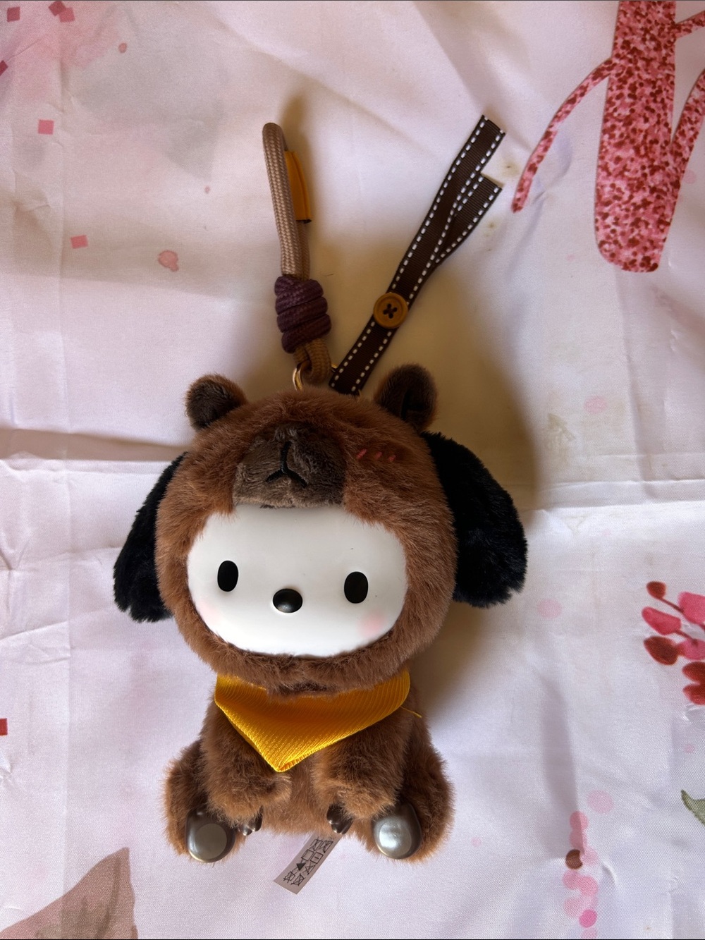 Cute Brown Plush Sanrio Pochacco Keychain with Yellow Bandana